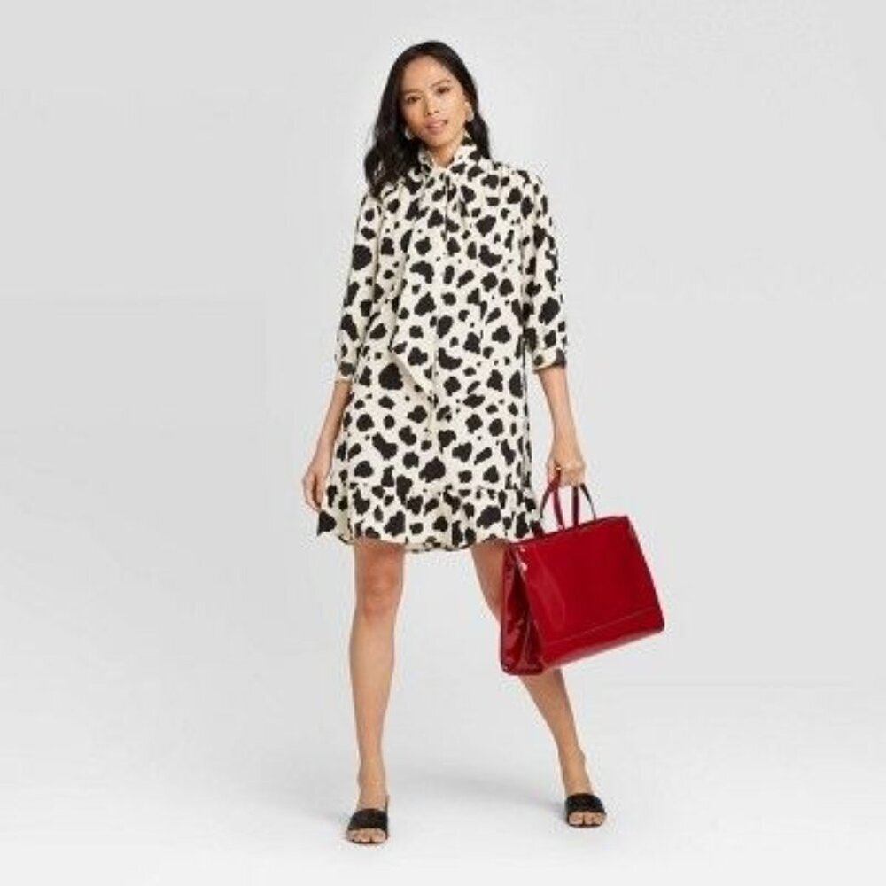 Who What Wear Animal Print 3/4 Sleeve Shift Dress Cream Ivory New